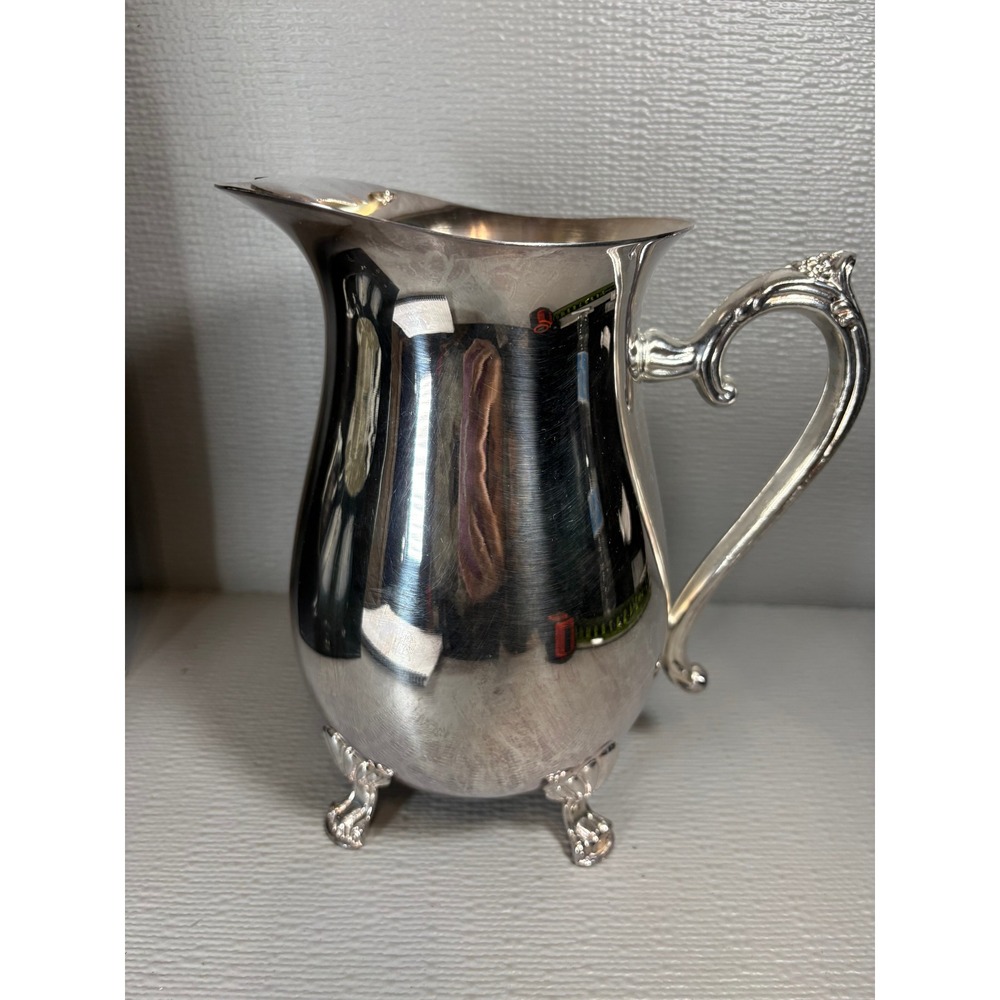 Leonard Silverplated Footed Water Pitcher with Ice Guard Ornate Scroll Handle